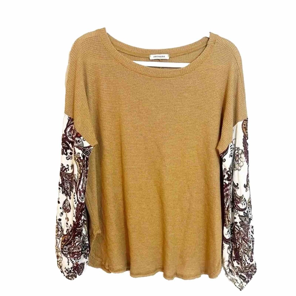 Promesa Womens Waffle Knit Top Mustard Paisley Contrast Balloon Sleeve Boho L